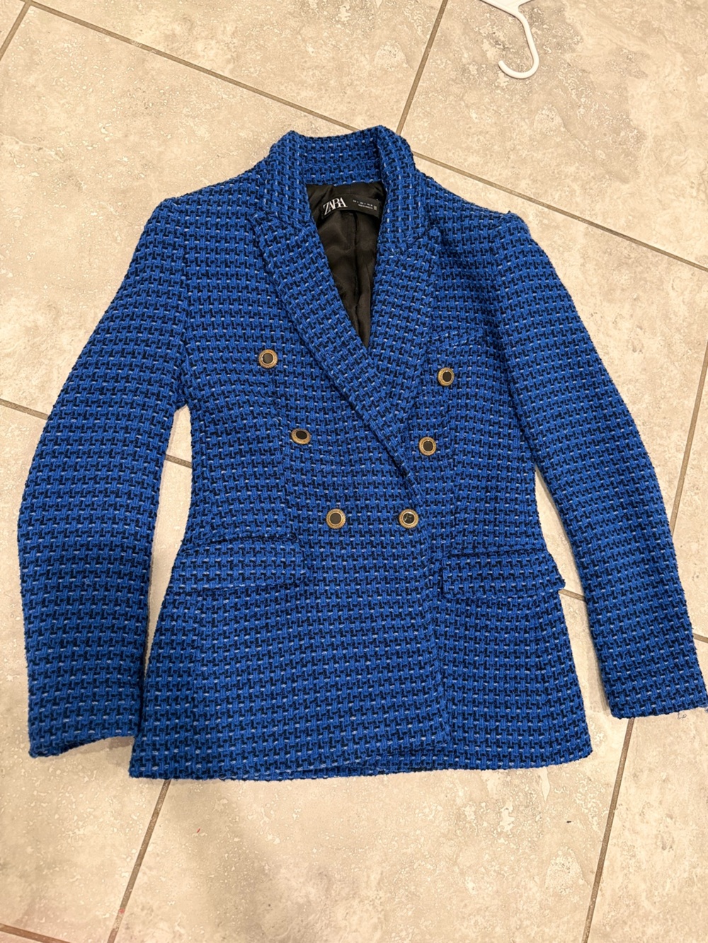 Zara Double-Breasted Royal Blue Textured Blazer with Gold Buttons